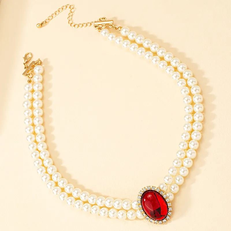 Faux Pearl Choker with Red Gem Centerpiece