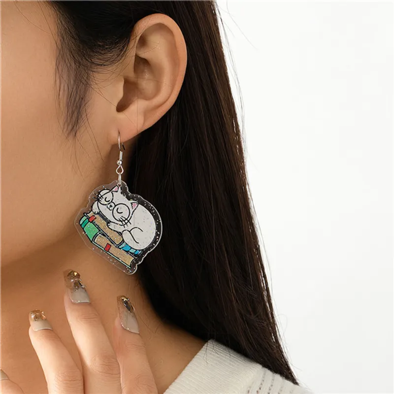 Cartoon Book Cat Acrylic Drop Earrings