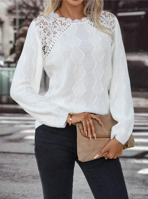 Crew Neck Waffle Knit Sweater Elegant Lace Design in White