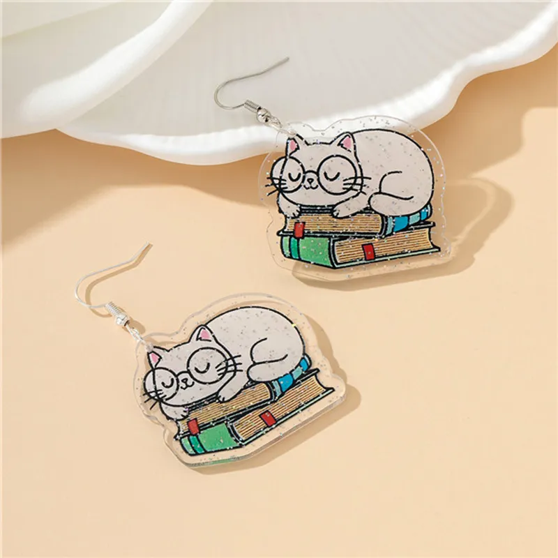 Cartoon Book Cat Acrylic Drop Earrings
