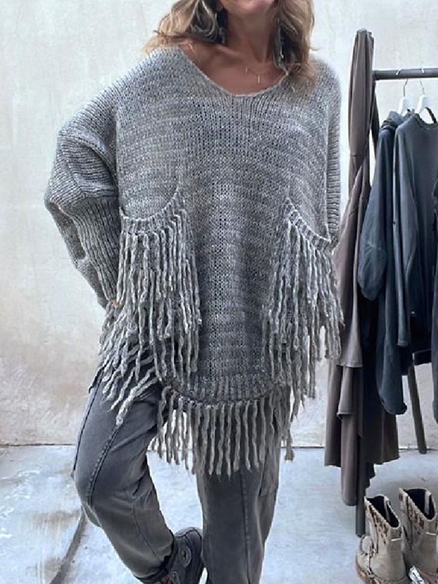 Crew Neck Tassel Pocket Ribbed Knit Sweater Camel & Green Casual