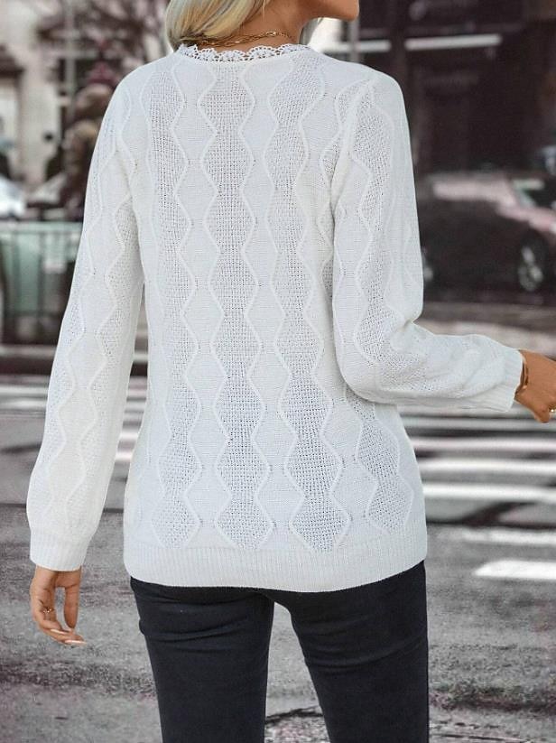 Crew Neck Waffle Knit Sweater Elegant Lace Design in White